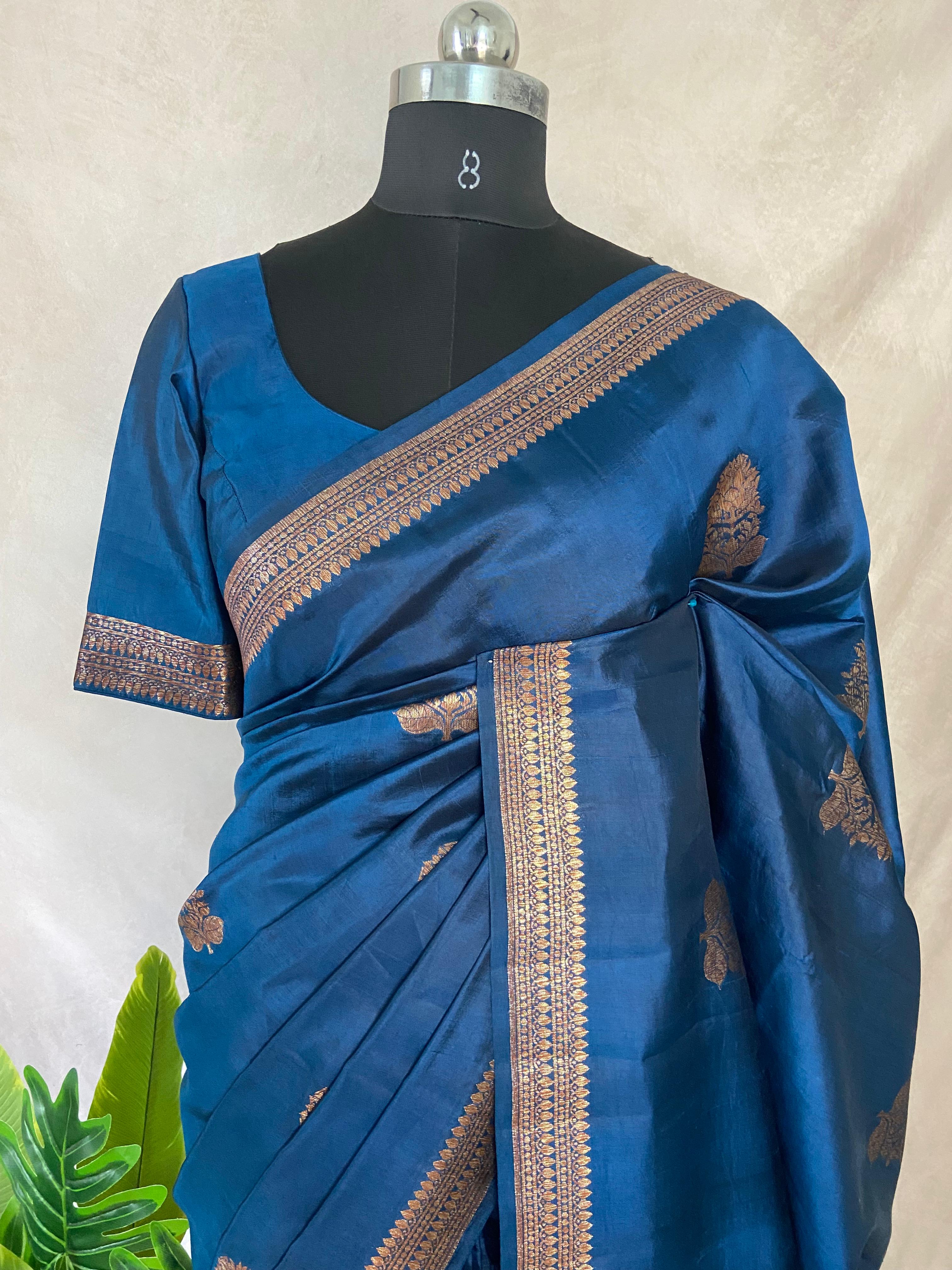 Peacock blue Pure tussar banarasi silk saree, with stitched blouse