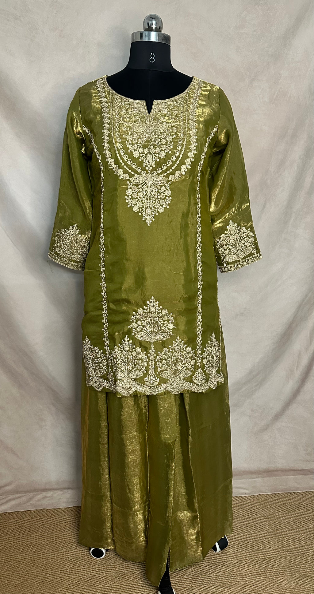 Tissue crepe silk short kurti with Palazzo and dupatta