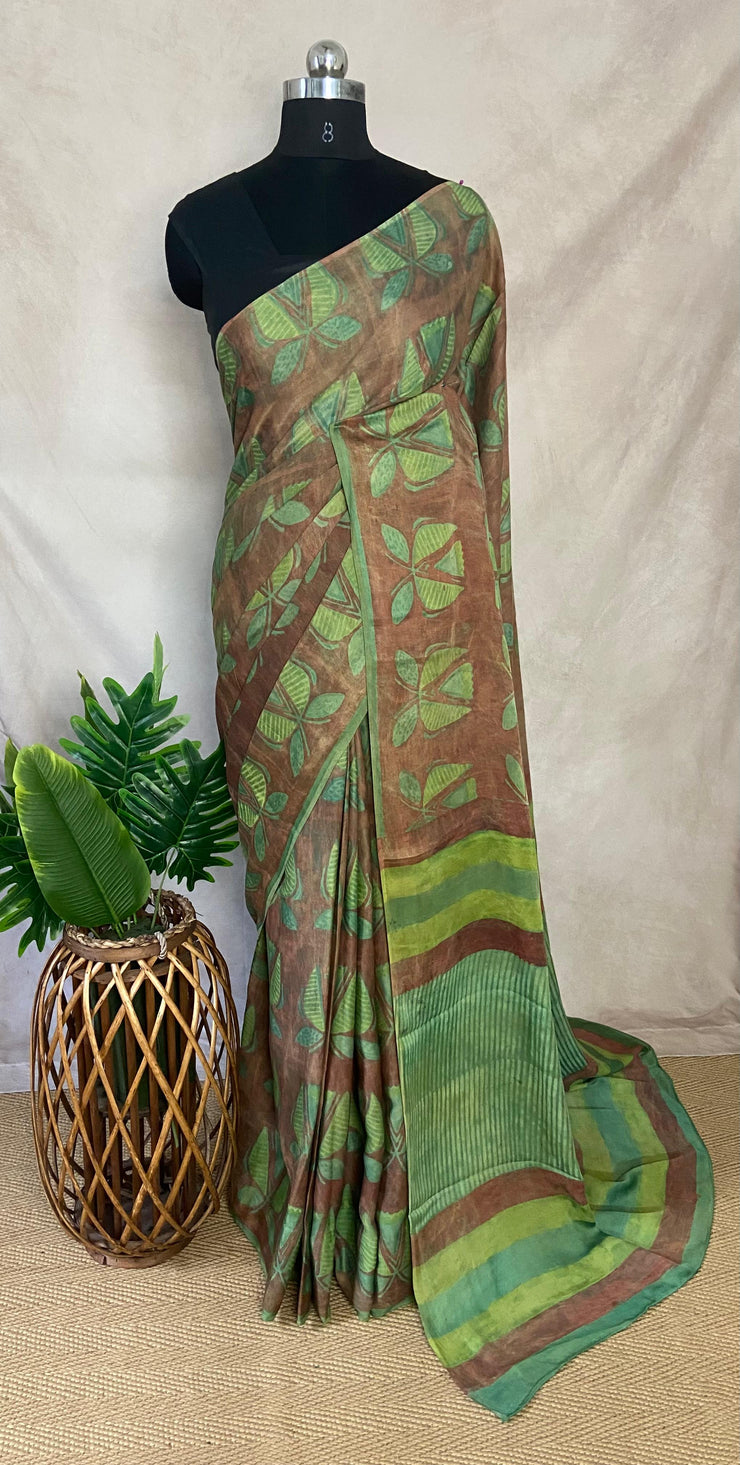 Nashpal Tussar by modal silk saree with hand block print with natural dye, with BP