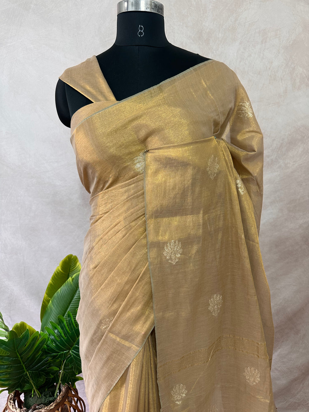 Handloom Gold cotton tissue saree with lotus jamdani weave ,