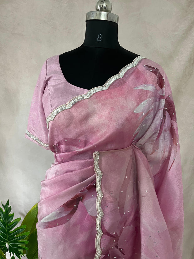 Tissue crepe silk saree with sequins border, stitched blouse