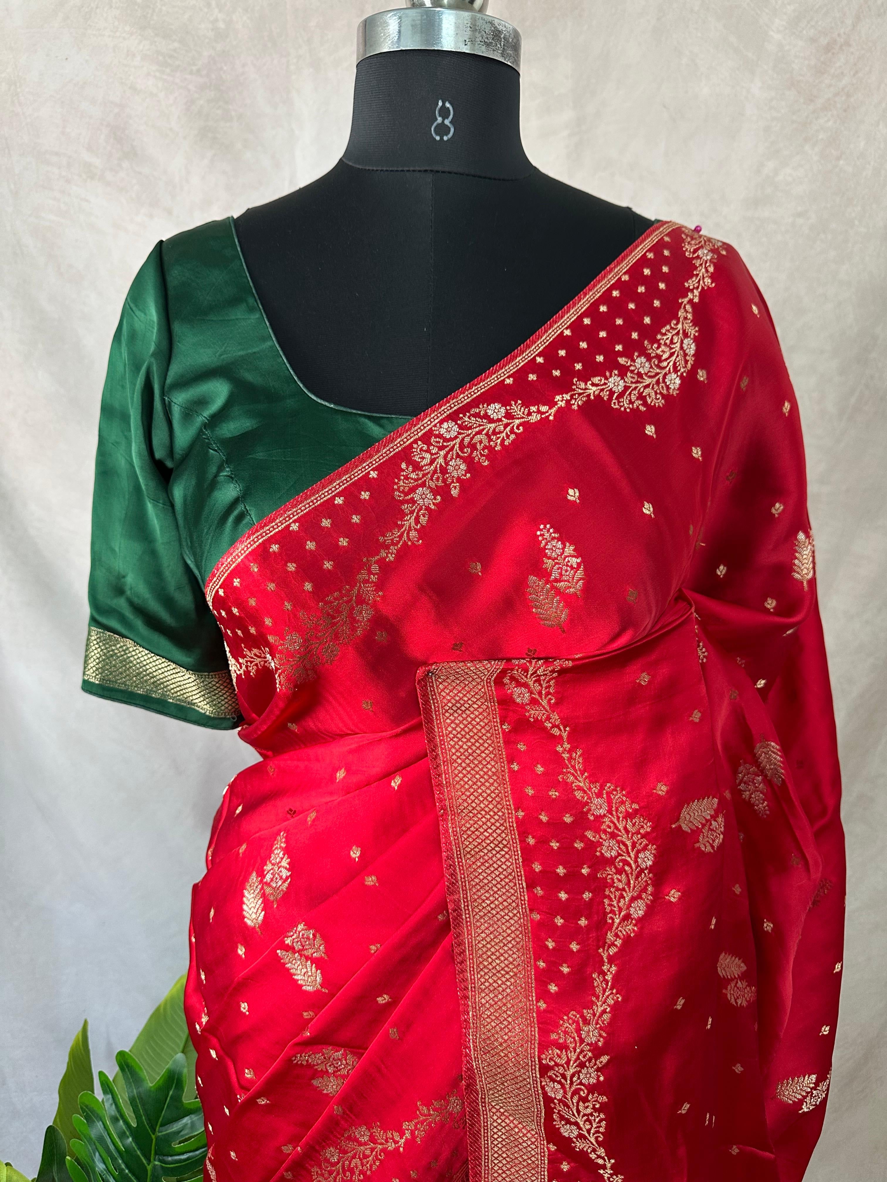 Red and green combo satin silk saree with stitched blouse