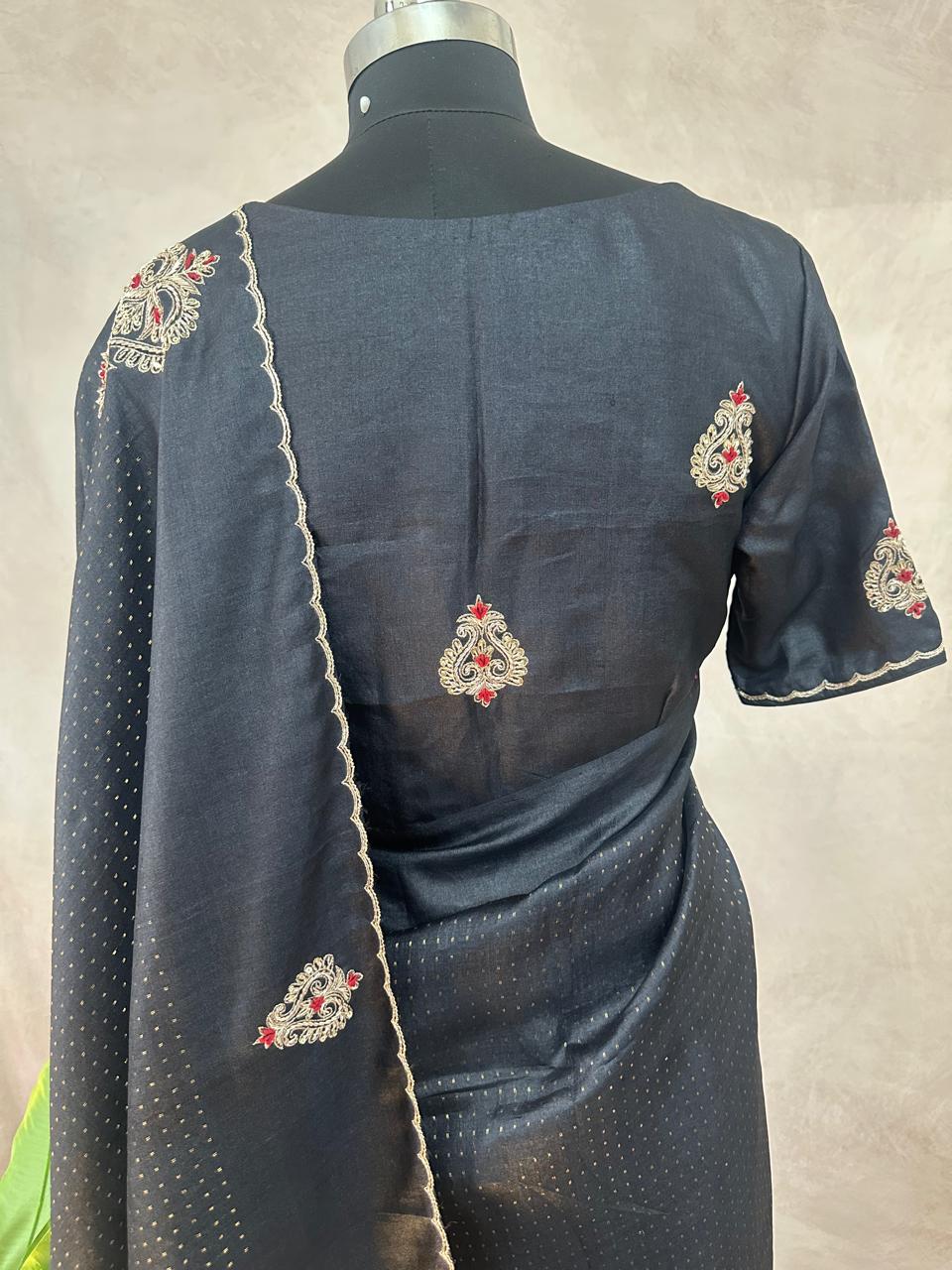 Dark grey pure tussar silk saree with hand work and stitched blouse