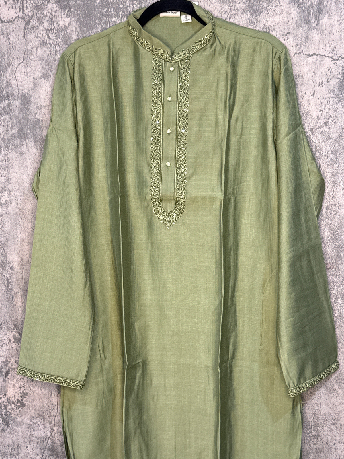 Light olive green soft cotton kurta with hand embroidery