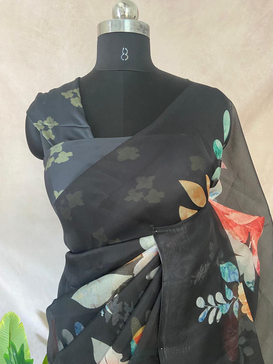 Silk organza digital printed saree with Organza and Satin half and half saree , BP