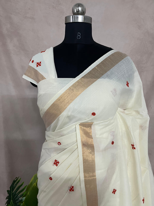Soft cotton saree with Kutch and mirror work, and Pompom