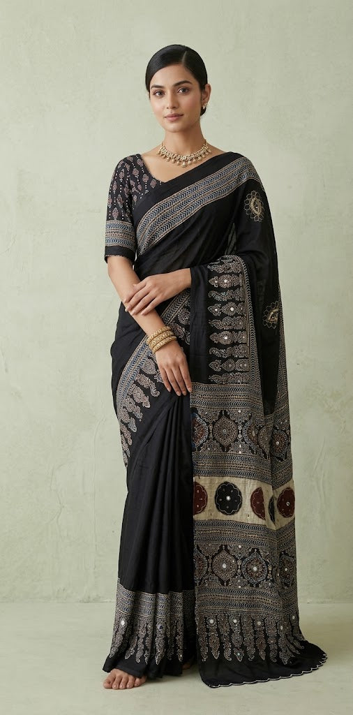 Modal silk saree with bead and mirror work , stitched blouse