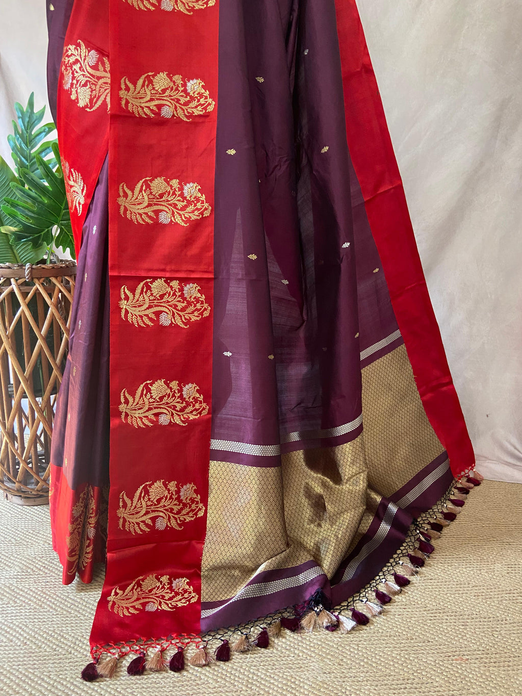 Brown pure raw mango silk saree with mashru silk border and stitched blouse