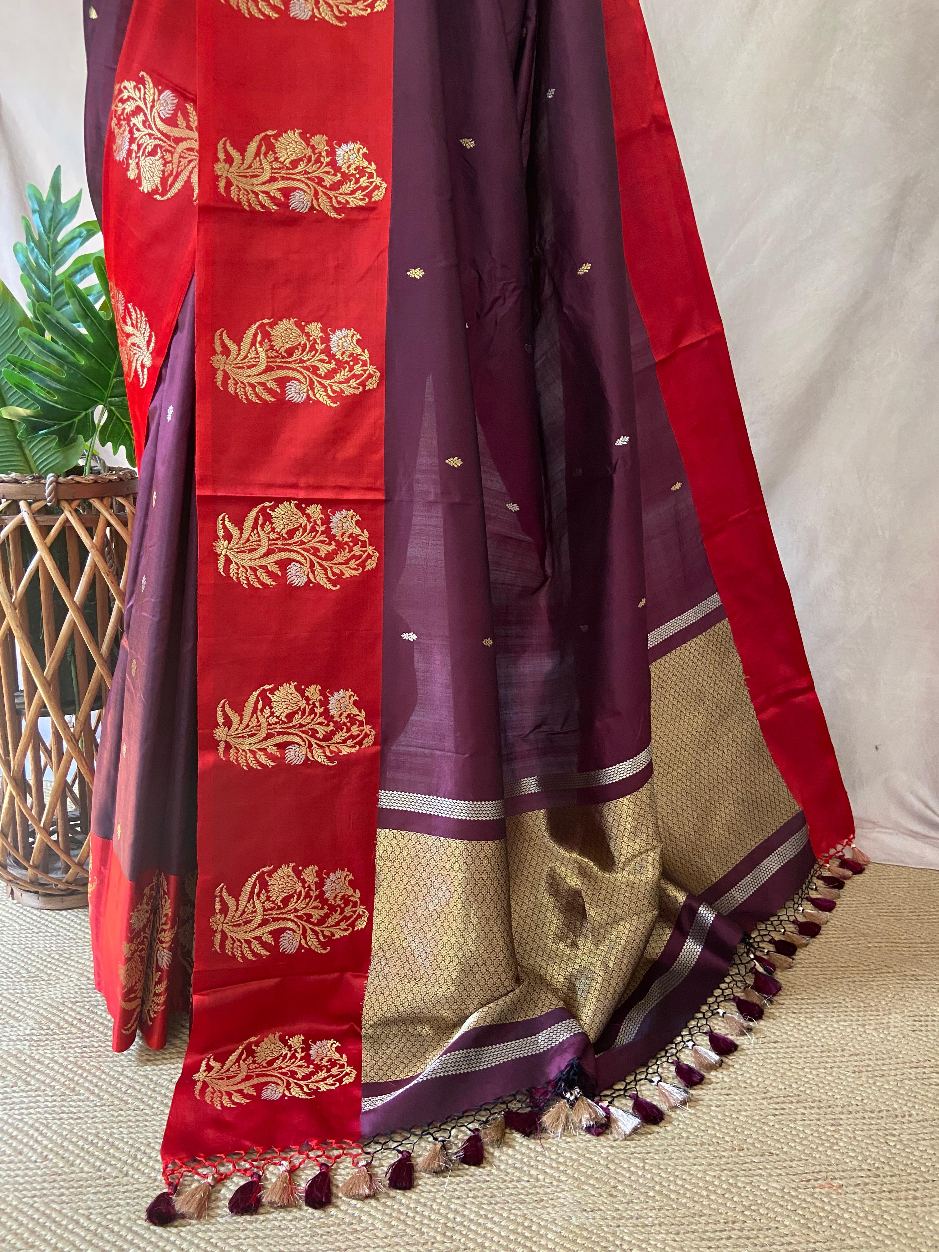 Brown pure raw mango silk saree with mashru silk border and stitched blouse