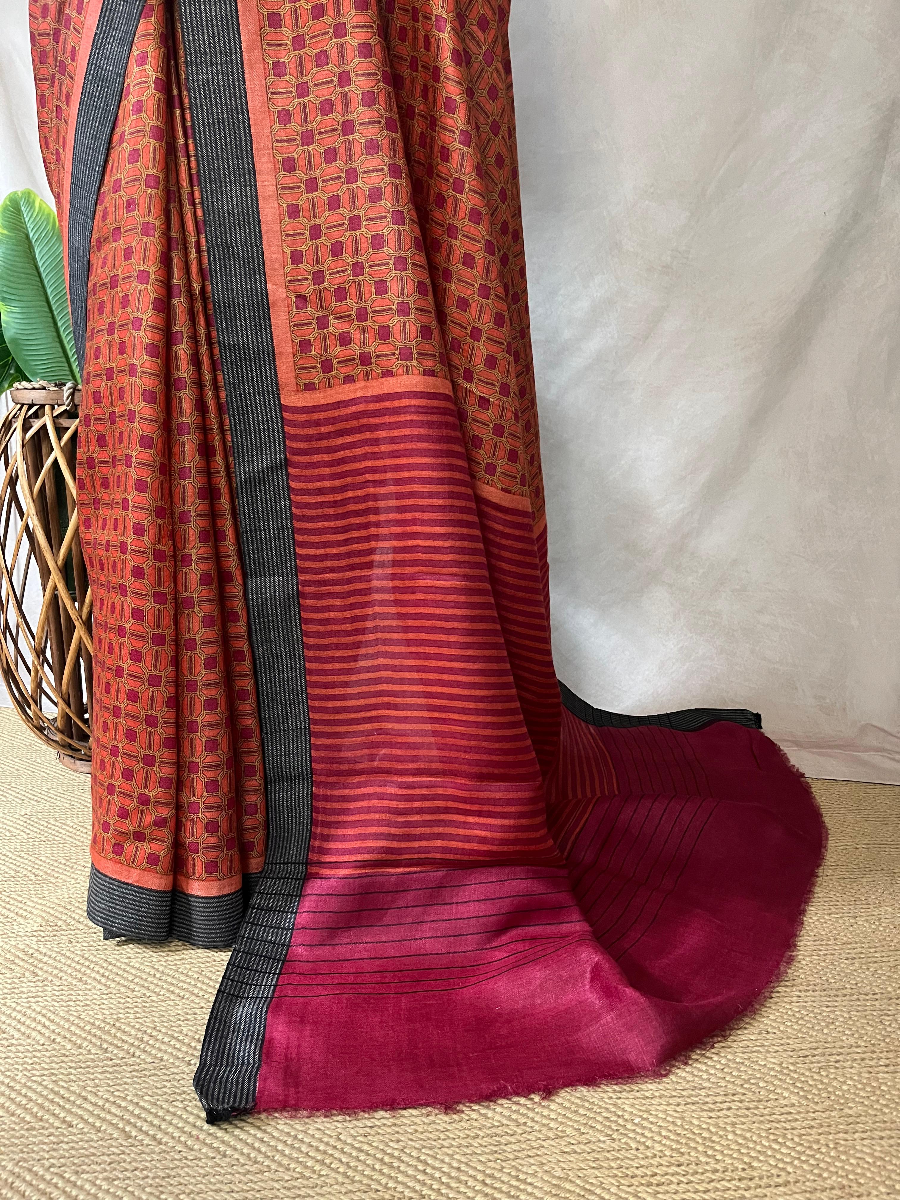 Printed blended tussar silk saree with BP