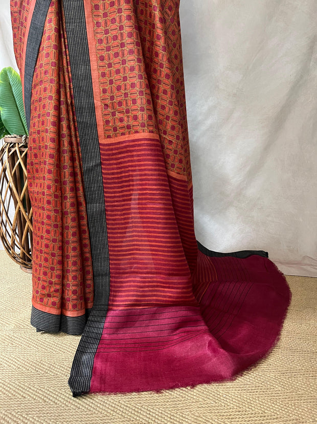 Printed tussar silk saree with BP