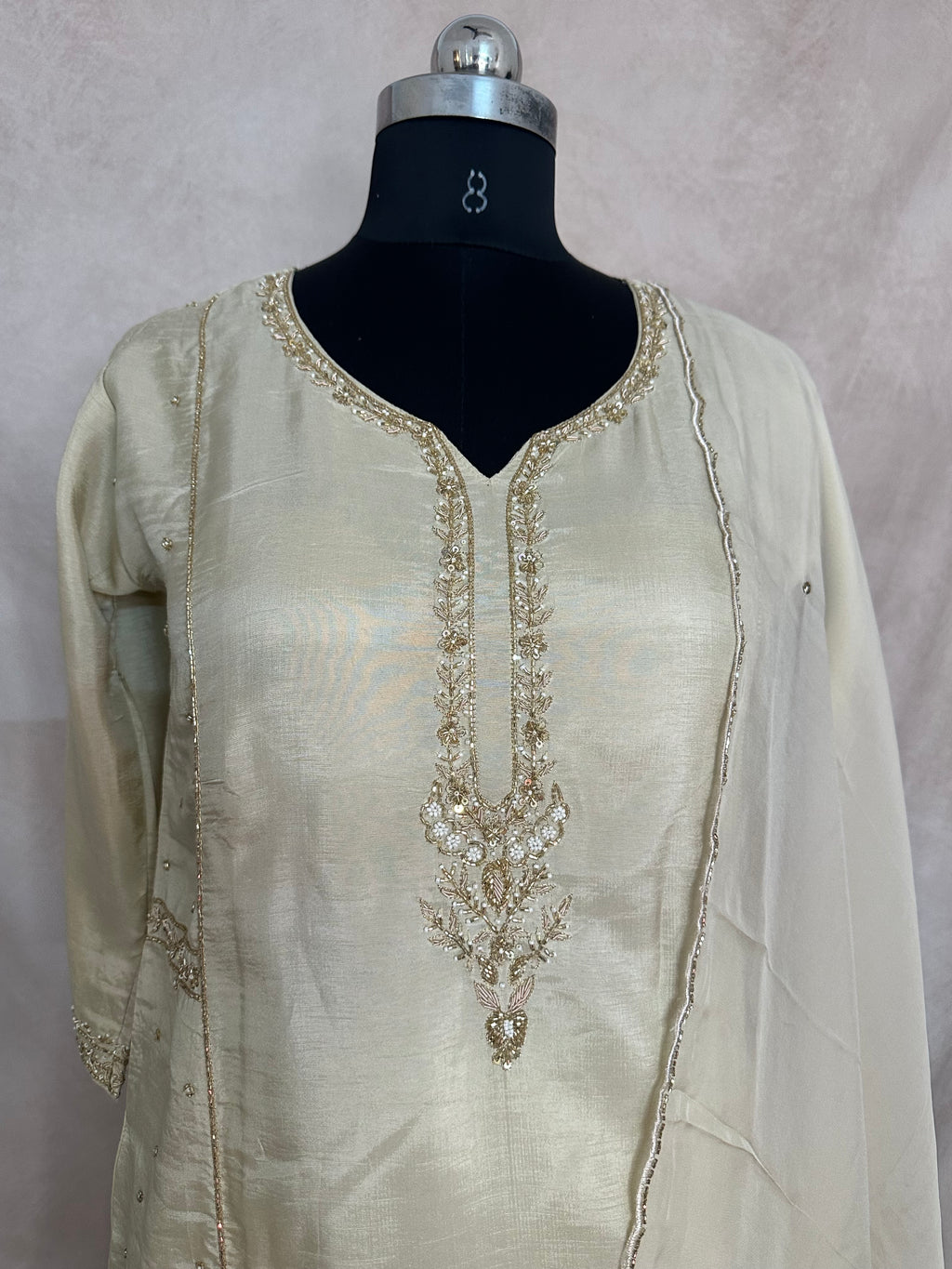 Cream color cotton silk kurti with handwork , comes with bottom and dupatta