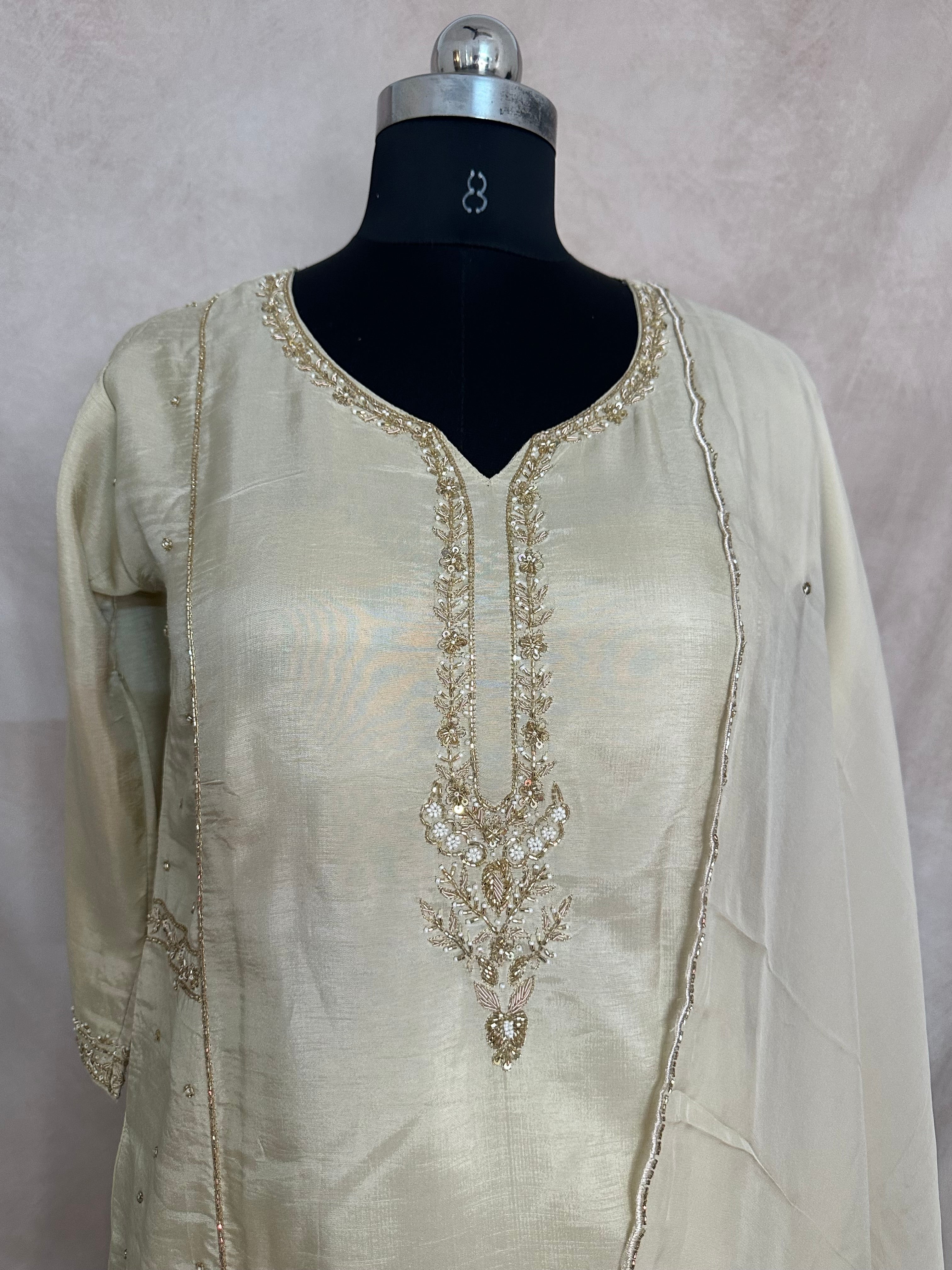Cream color cotton silk kurti with handwork , comes with bottom and dupatta