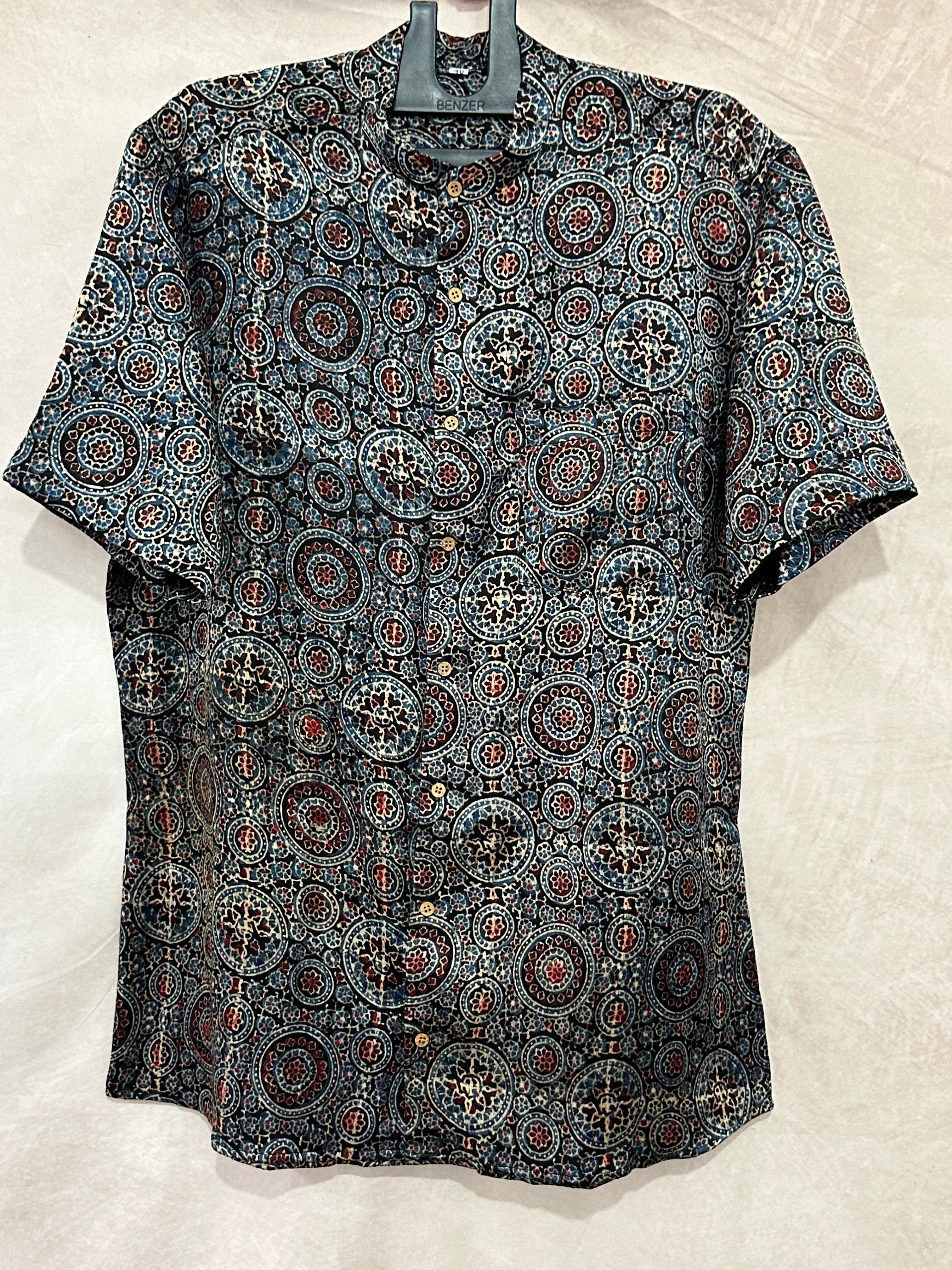 Ajrakh handblock printed Mandarin colar shirts in pure modal silk