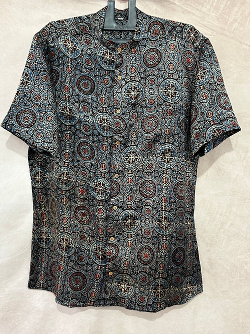 Ajrakh handblock printed Mandarin colar shirts in pure modal silk