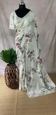 Tissue crepe silk saree with sequins border, stitched blouse