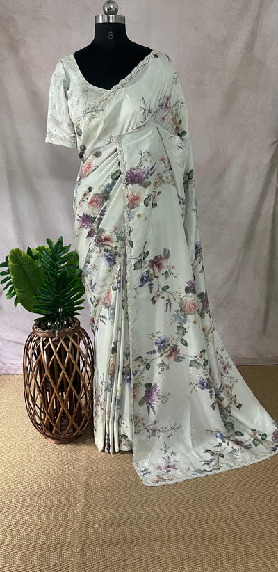 Tissue crepe silk saree with sequins border, stitched blouse