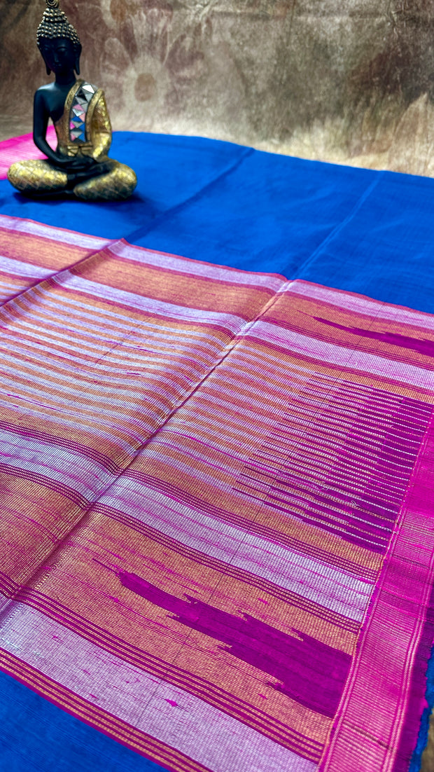 Ink Blue and pink combo pure raw silk saree with stitched blouse