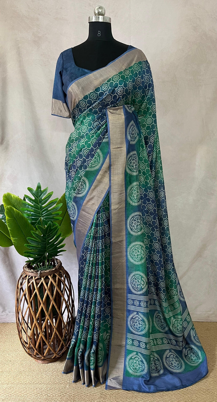 Blue semi soft tussar silk saree with floral print, with BP