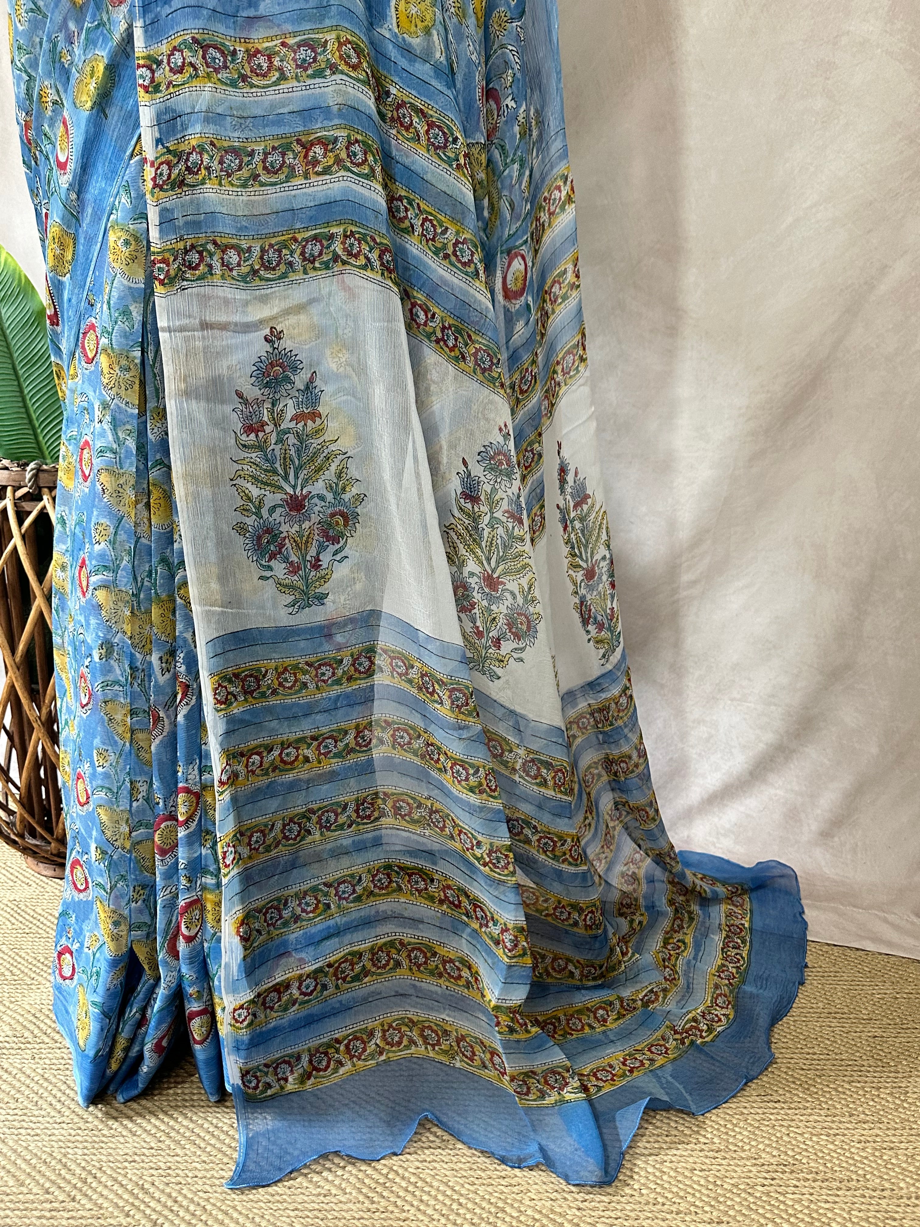 Premium handblock printed Pure Chiffon saree , with BP