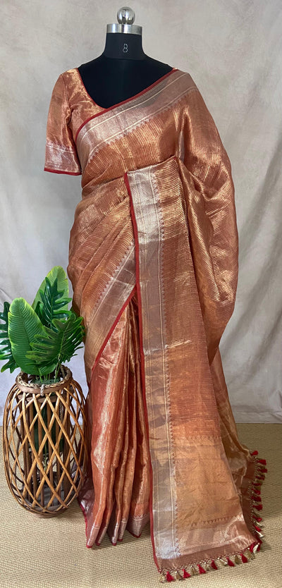 Red banarsi tissue silk saree with stitched blouse