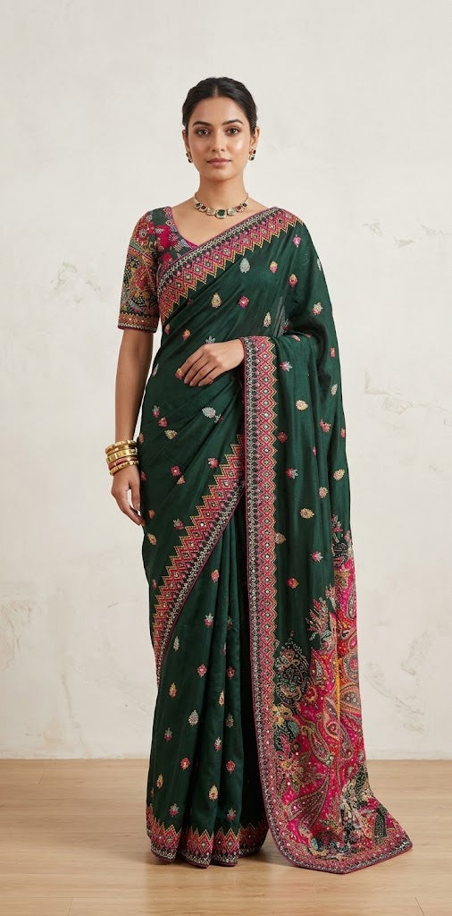 Bottle green crepe silk digital Printed designer saree with ari work and bead work and stitched blouse