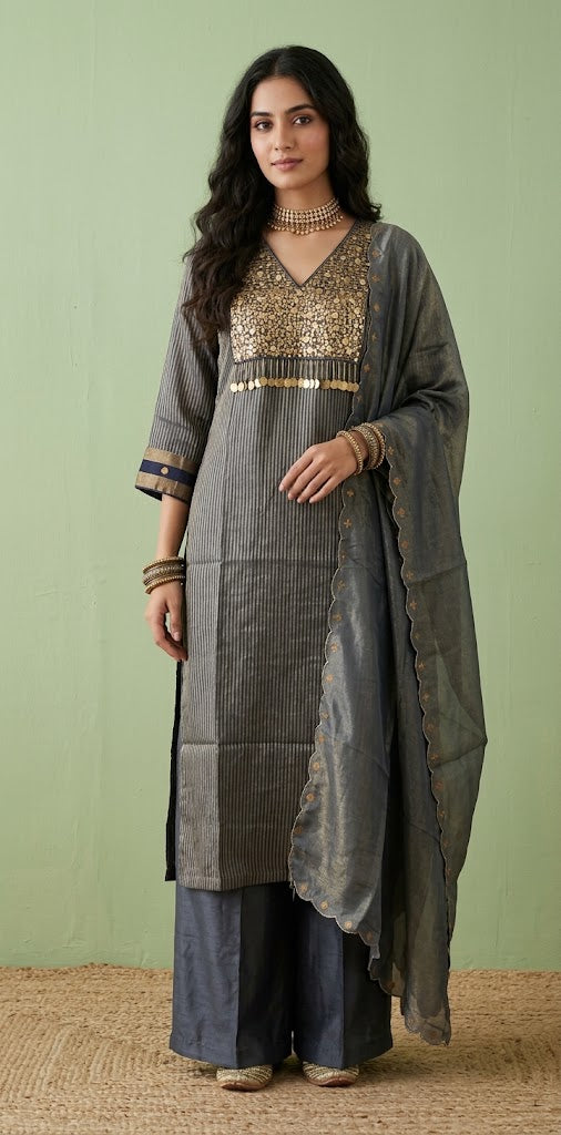 Grey chanderi tissue silk designer kurti set