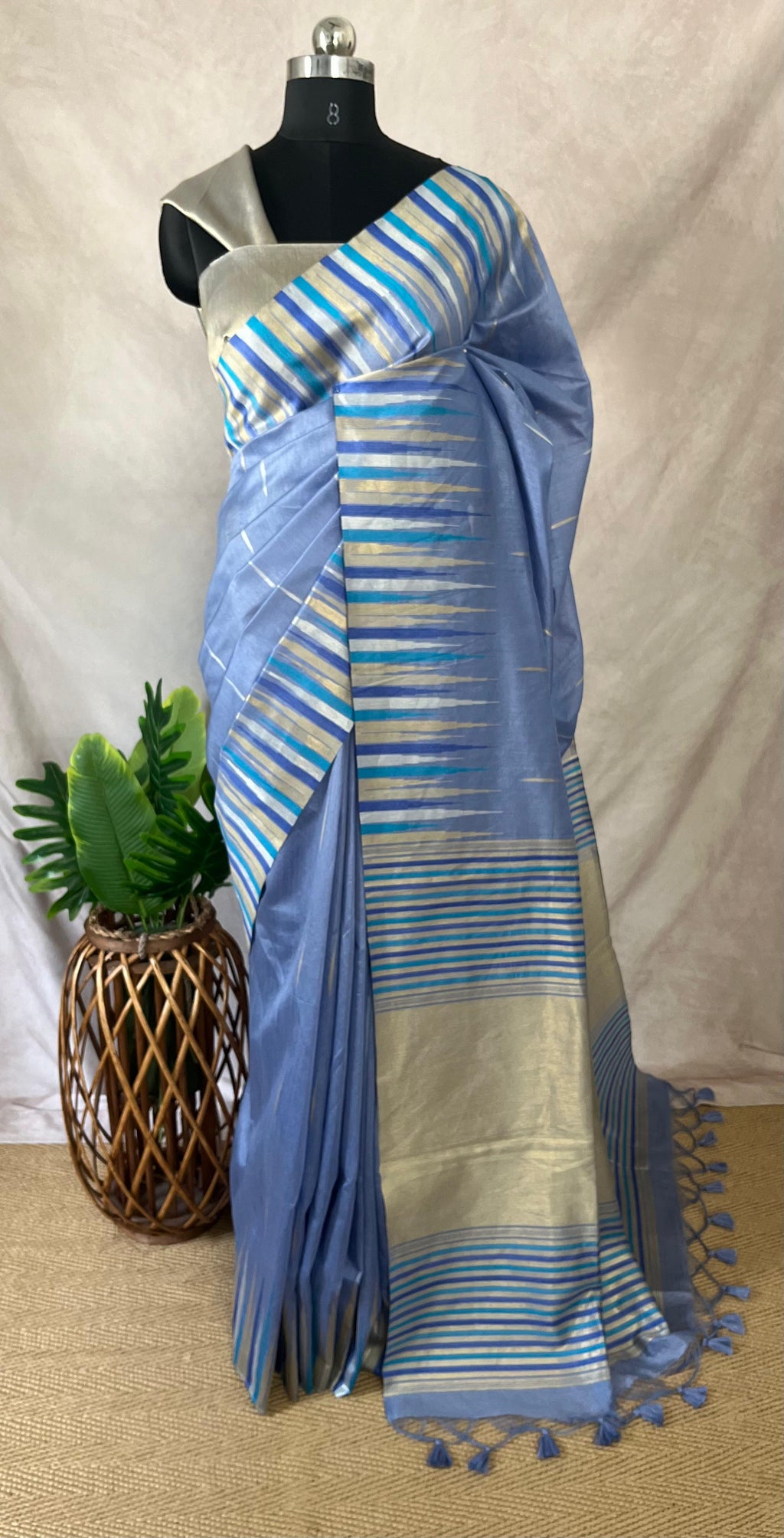Pastel blue semi tussar silk saree with temple border, with BP