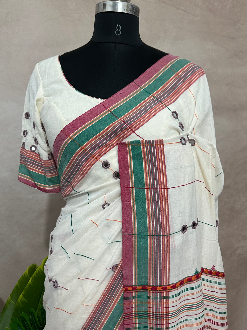Organic Kala cotton handloom saree with mirror work , stitched blouse