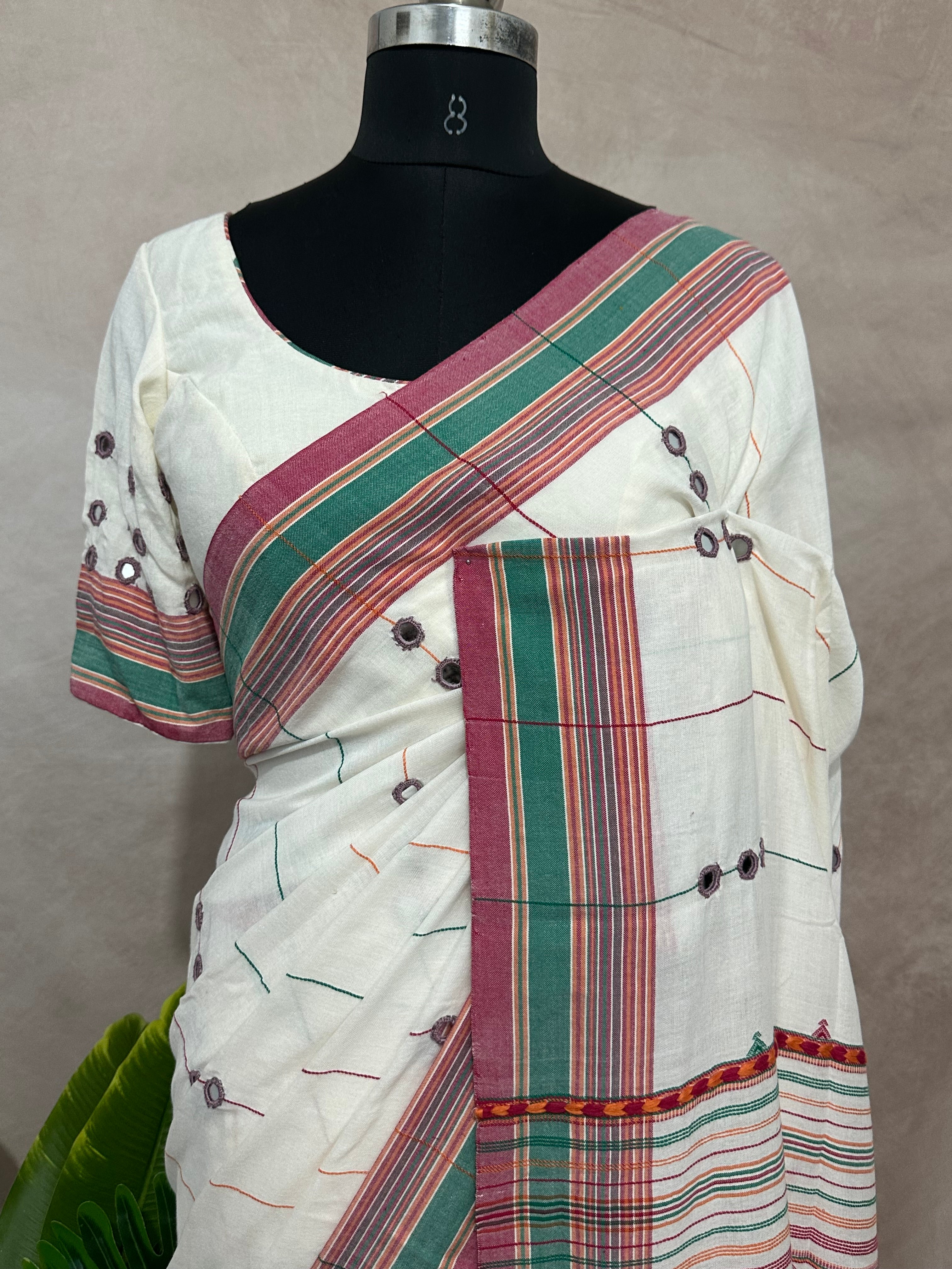 Organic Kala cotton handloom saree with mirror work , stitched blouse
