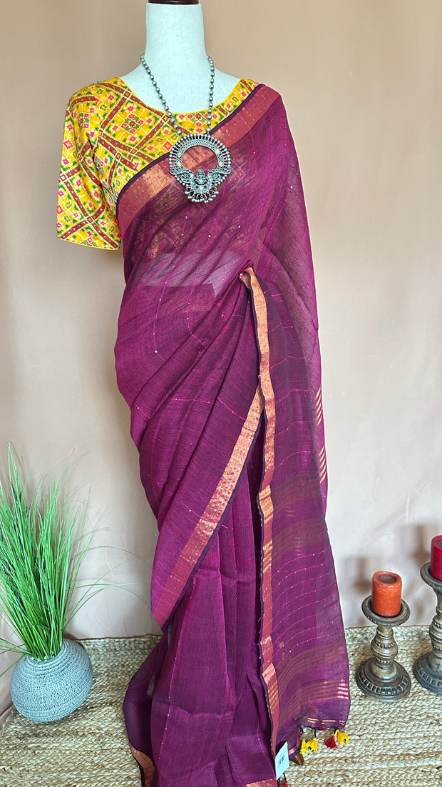 Handloom linen saree with sequins weave , with BP