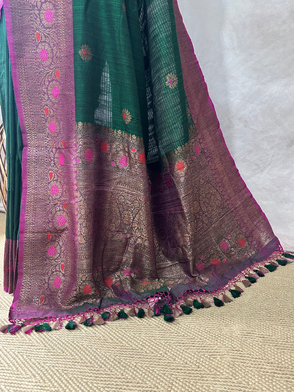 Bottle green dupion silk saree with meenakari weave and stitched blouse