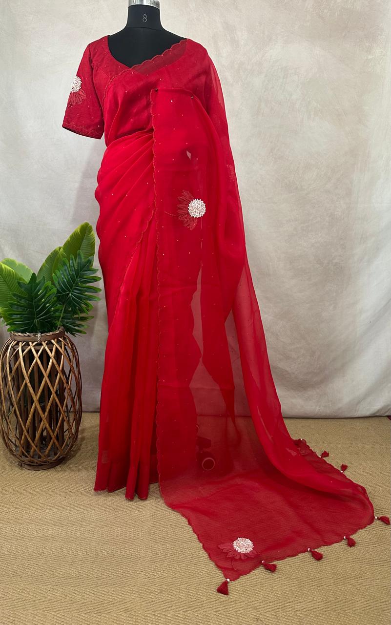 Red Organza silk saree with emroidery , stitched blouse