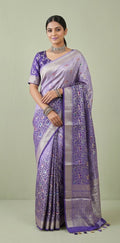 Silk saree with bird motif and meerankari weave, stitched blouse