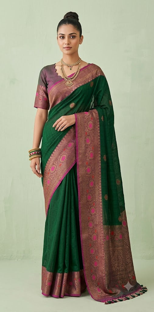 Bottle green dupion silk saree with meenakari weave and stitched blouse