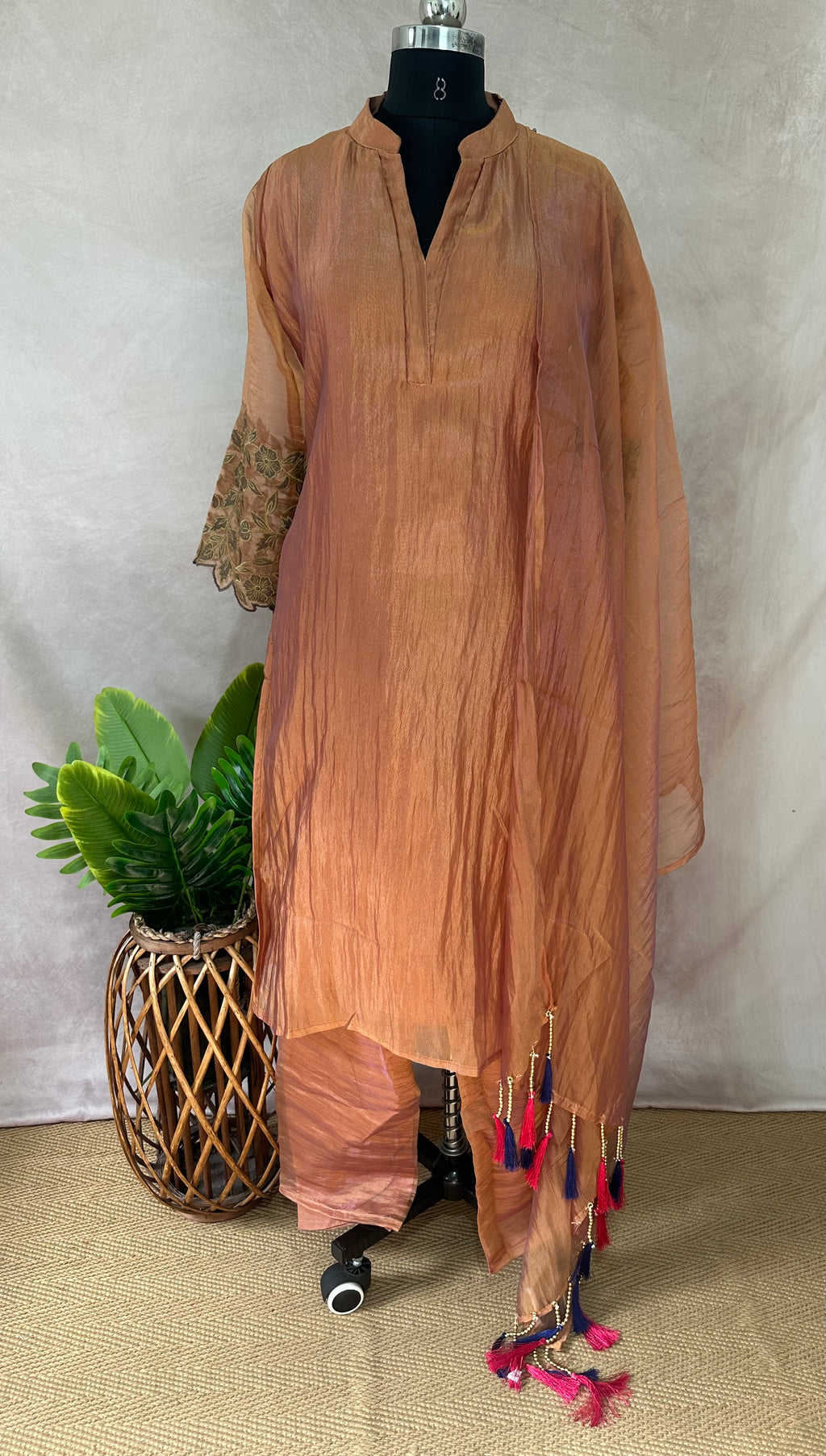 Burnt orange chanderi tissue designer kurti set