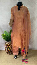 Burnt orange chanderi tissue designer kurti set
