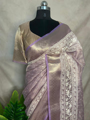 Lilac Tissue Kotta silk saree with mirror and chikankari work, with stitched blouse
