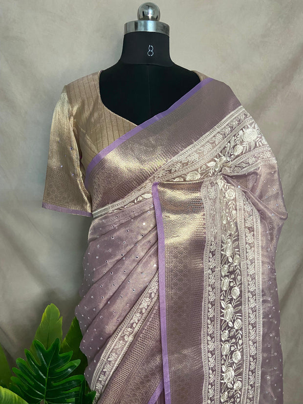 Lilac Tissue Kotta silk saree with mirror and chikankari work, with stitched blouse