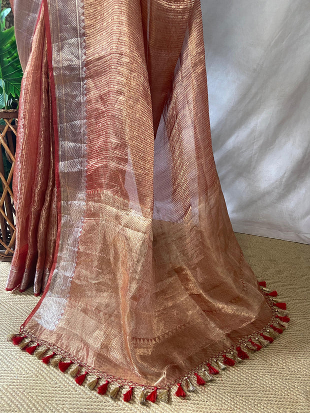 Red banarsi tissue silk saree with stitched blouse