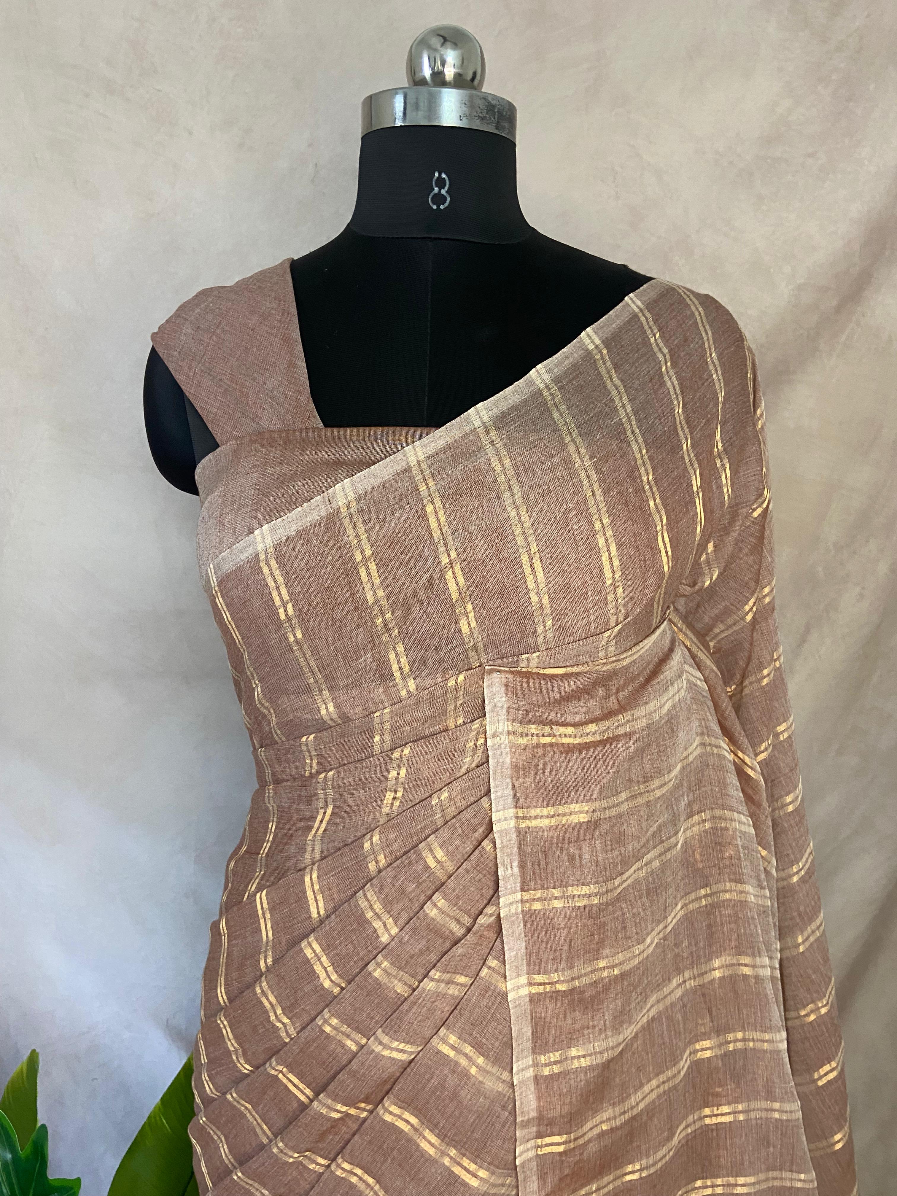 Handloom cotton saree with gold stripe, with BP