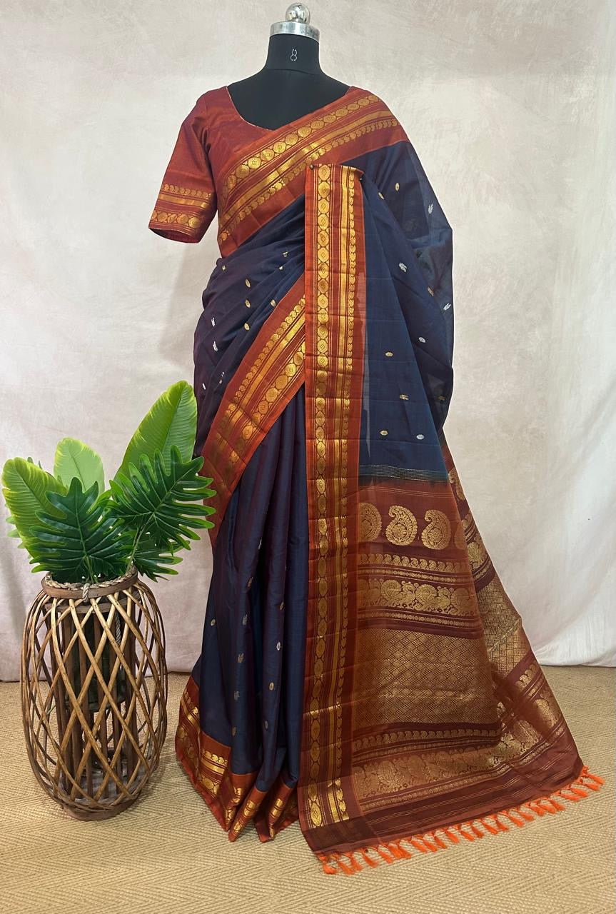 Handloom pure silk cotton peacock blue gadwal silk saree with stitched blouse