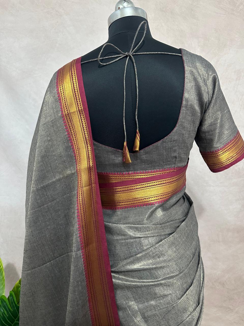 Handloom tissue cotton saree with stitched blouse