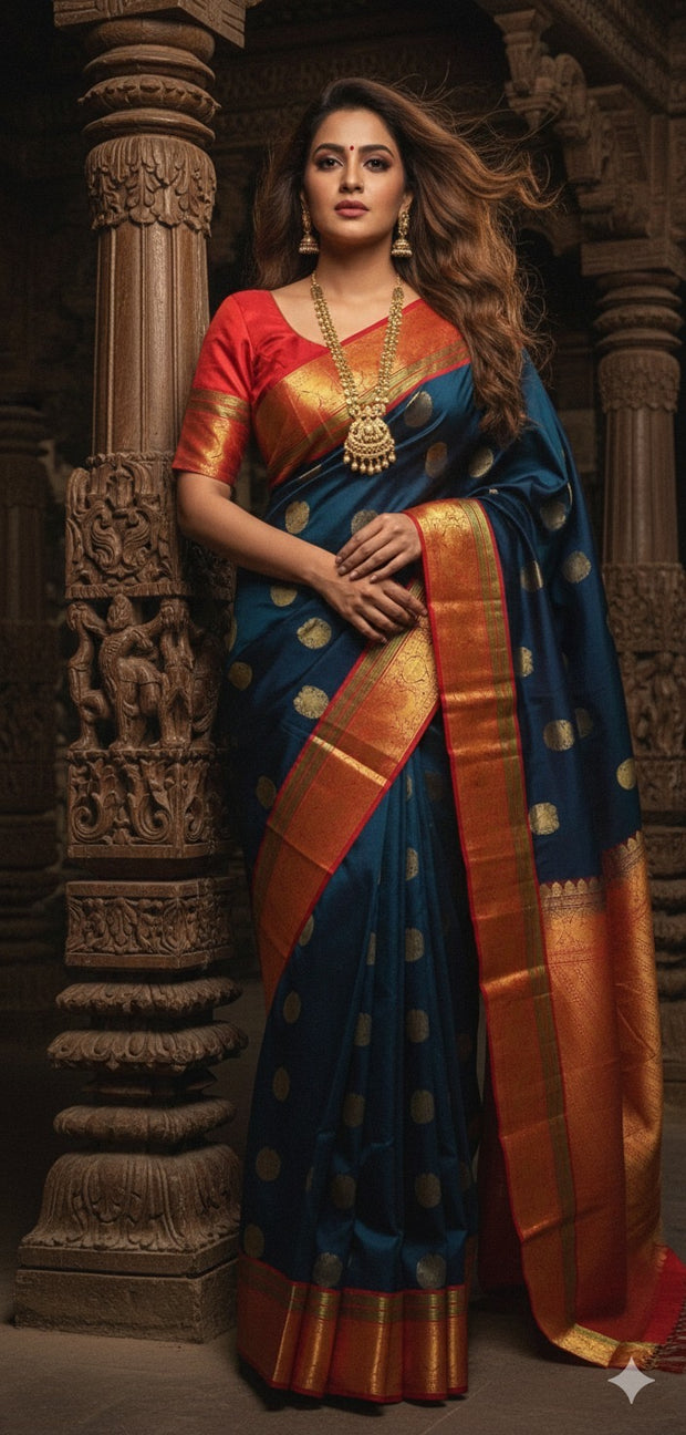 Peacock Blue and Red Kanchivaram Saree With Stitched Blouse
