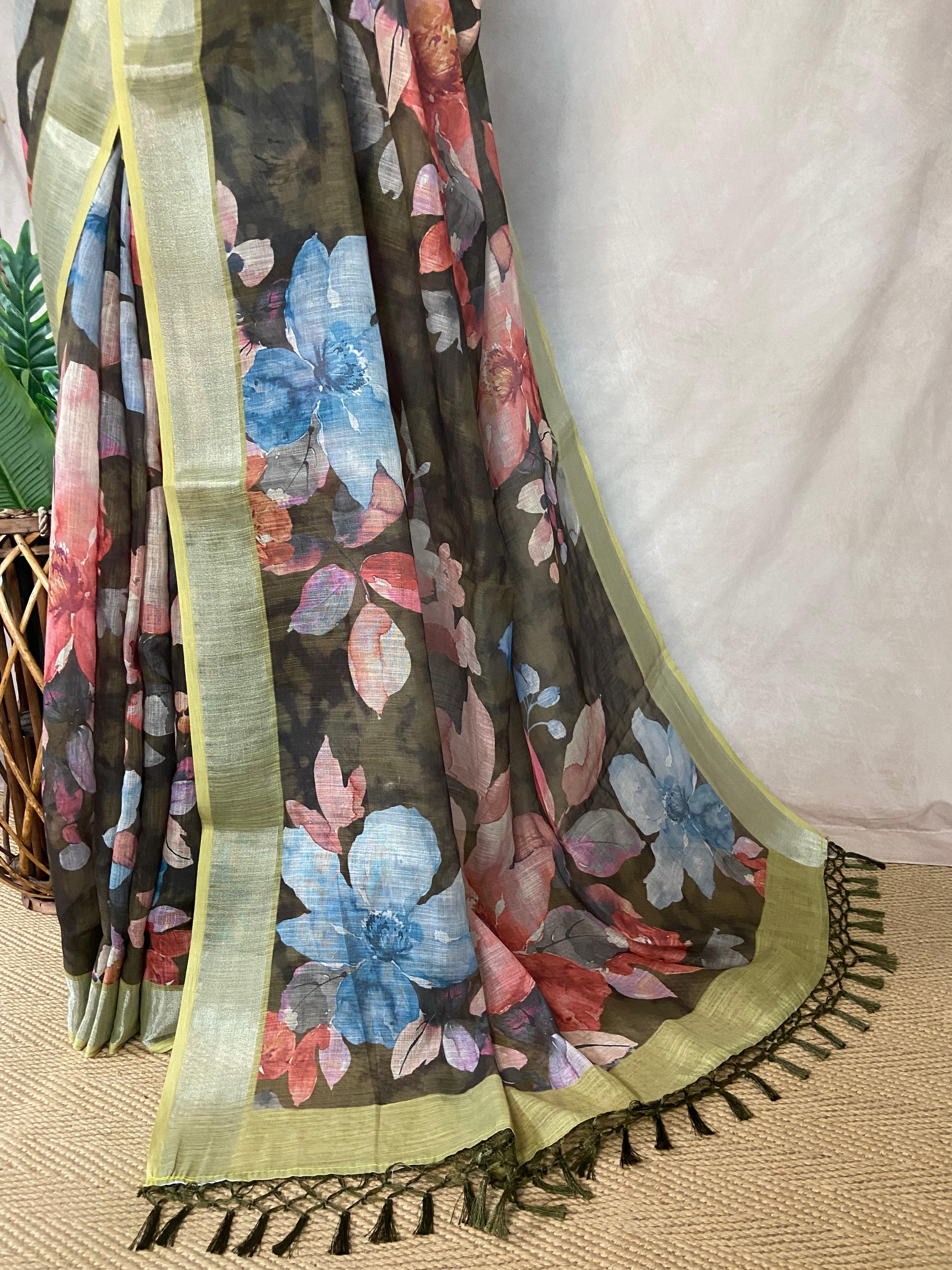 Fancy linen digital printed saree with BP
