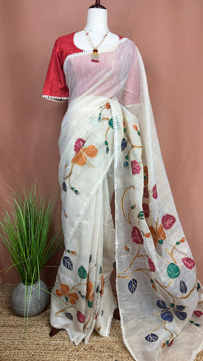 Tissue linen saree with kamalkari patch work, with contrast blouse