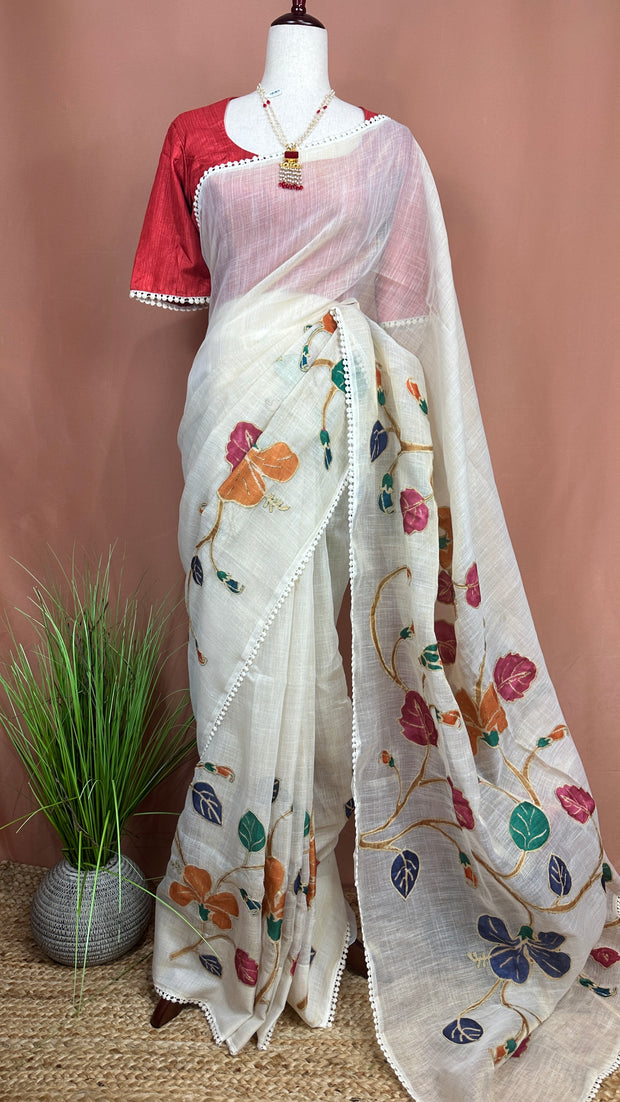 Tissue linen saree with kamalkari patch work, with contrast blouse