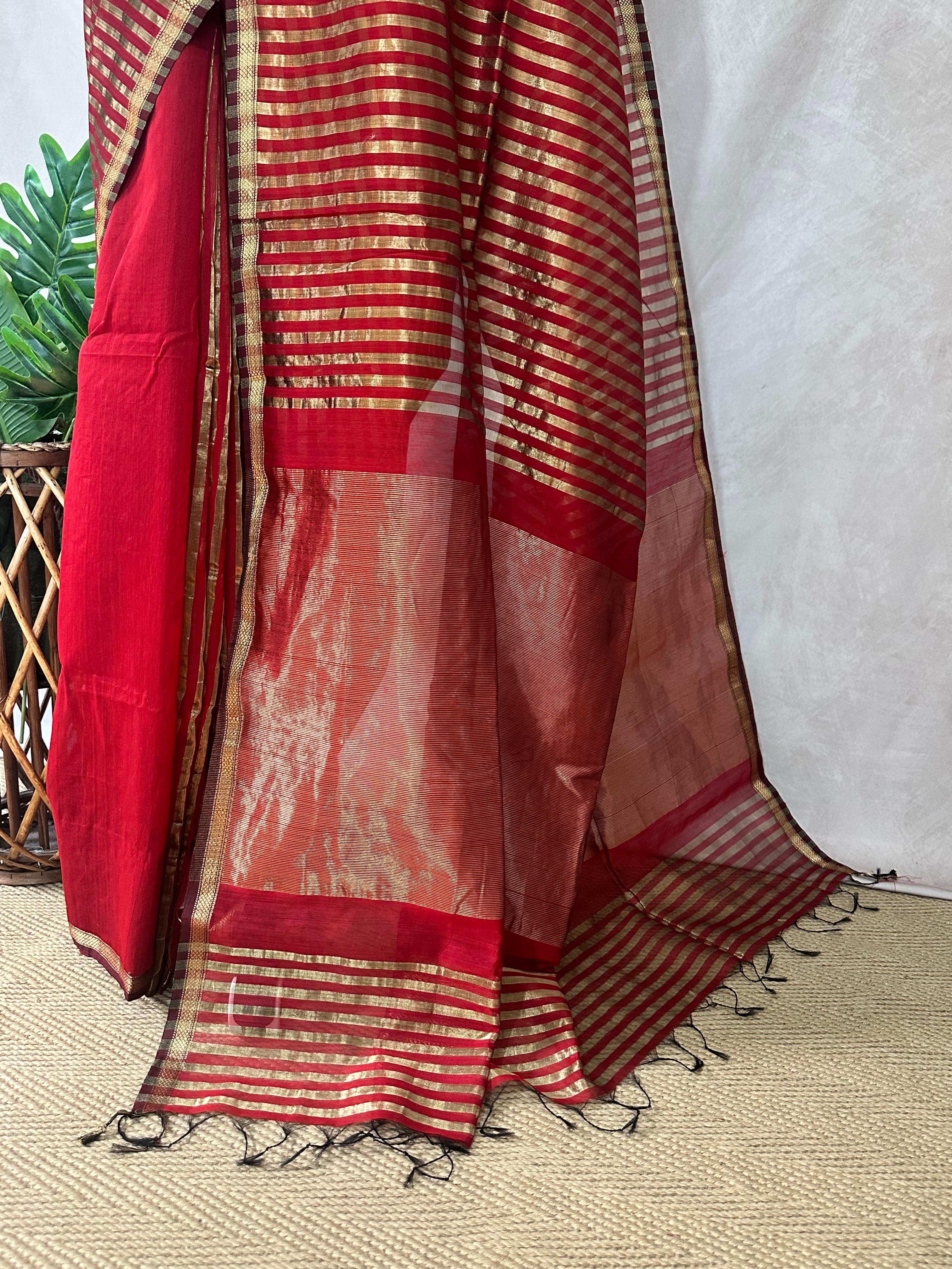 Maheshwari tissue silk saree with stripe and stitched blouse