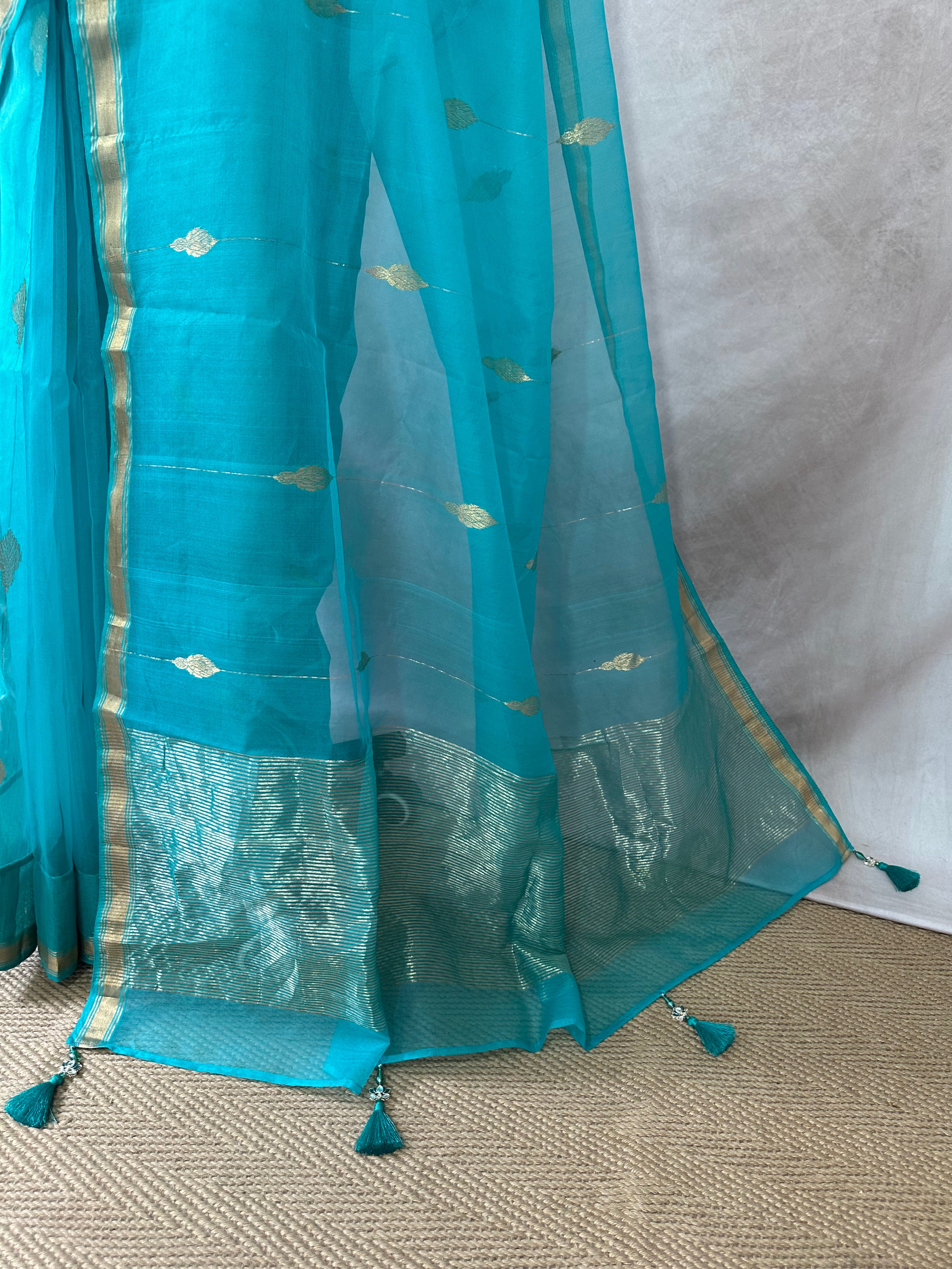 Copper sulfate blue chaneri saree with stitched blouse