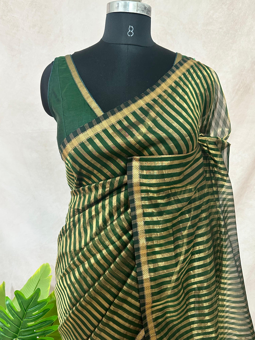 Maheshwari tissue silk saree with stripe and stitched blouse